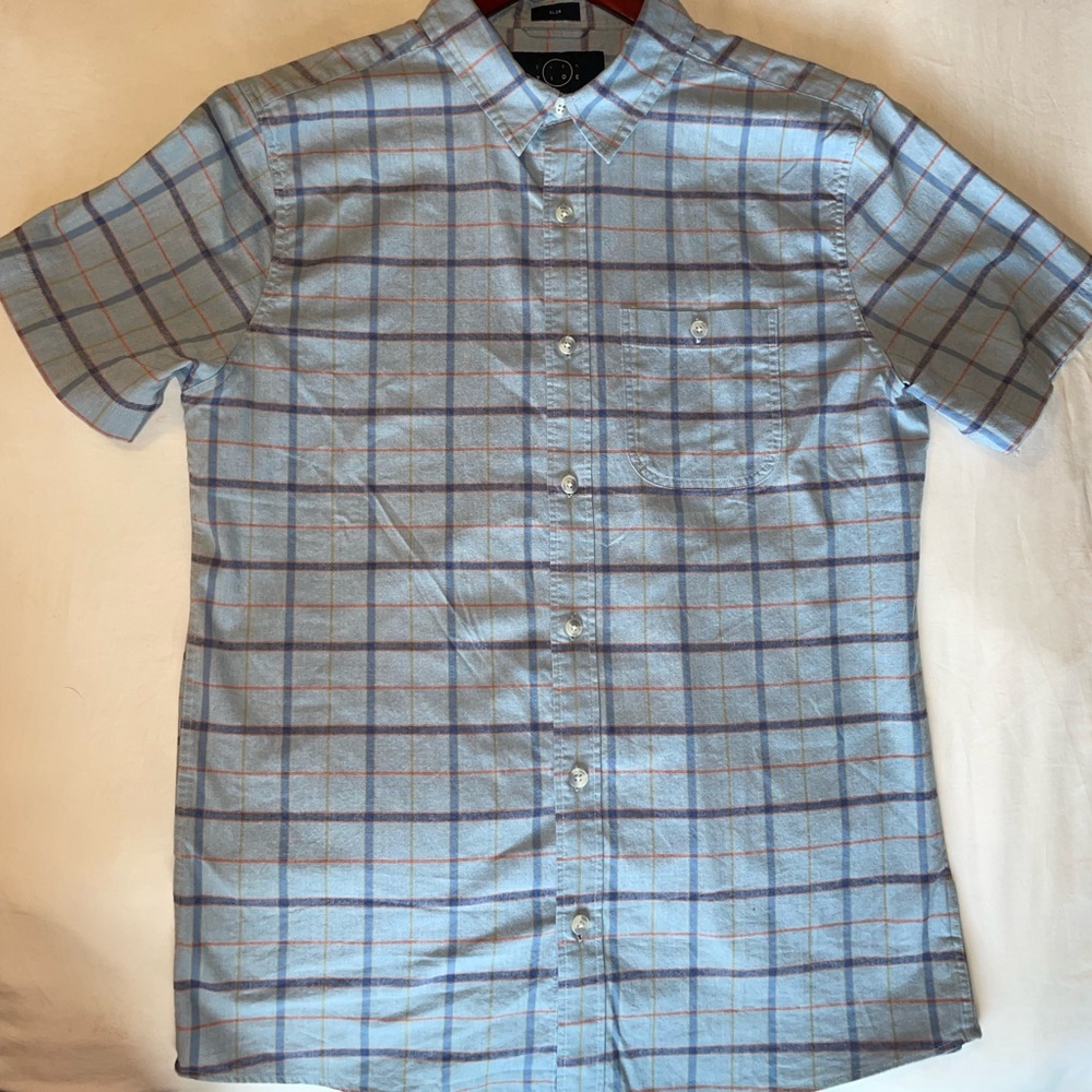 Even Tide short sleeve button up blue plaid shirt